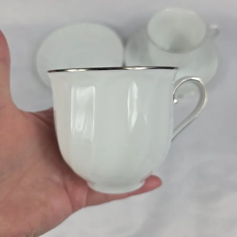 TWO (2) Mikasa Wedding Band Platinum Cup & Saucer Sets White Swirl Platinum Trim